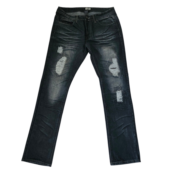 Men's Blue Black Wash Distressed Denim Jeans (No Tags, Never Worn) - Picture 1 of 10
